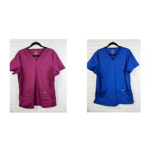 Cherokee Workwear Revolution v-neck scrubs, 2 shirt bundle. Blue/Purple. Size L